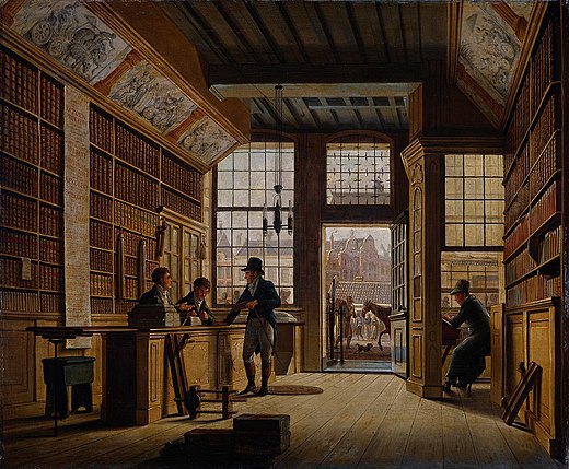 "Il negozio del libraio Pieter Meijer Warnars", olio di Johannes Jelgerhuis (1820)