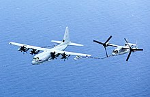A KC-130J Hercules refuels an Osprey off the coast of North Carolina. KC-130J Hercules aircraft refuels an MV-22 Osprey off the coast of North Carolina.jpg