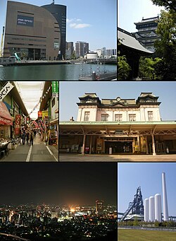 Clockwise frae Tap, River-walk Kitakyushu, Kokura Castle, Mojiko railroad Station, umwhile steid o Higashida blast fumace, Nicht in Kokura Toun, view frae Mount Adachi, Tanga Mercat in Kokura