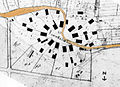 Lageplan von 1831 mit der bereits den Rundling durchschneidenden Straße (nachträglich eingefärbt)