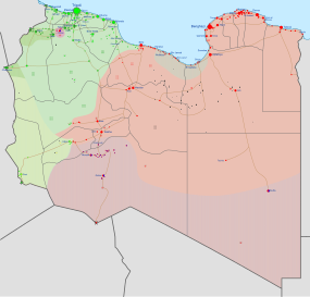 vojenská situace v Libyi:      území ovládané Sněmovnou reprezentantů a Libyjskou národní armádou      území ovládané Vládou národní dohody      území ovládané Vládou národní spásy (bývalý Všeobecný národní kongres)      území ovládané Islámským státem (IS)      území ovládané lokálními silami (kmenovými milicemi) včetně kaddáfovských loajalistů (milice Warfally)      území ovládané ostatními islamisty [1]      území ovládané Tuaregy (Pro detailní mapu viz zde)