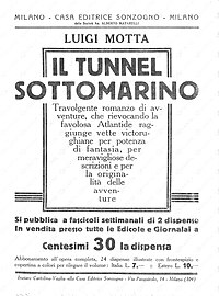 Folleto publicitario para la novela publicada por entregas Il tunnel sottomarino, Sonzogno, 1927.