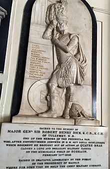 Memorial to Sir Robert Henry Dick at the St. George's Cathedral, Madras, India, depicting a 42nd Highlander in full uniform resting against a pedestal, on which is inscribed the battle roll of the regiment Memorial to Sir Robert Henry Dick, St. George's Cathedral, Madras.jpg