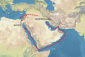 Possible Mesopotamia-Egypt trade routes from the 4th millennium BCE. Mesopotamia-Egypt trade routes.jpg