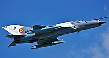 Romanian Air Force MiG-21 LanceR in 2012 MiG-21 LanceR in flight.jpg