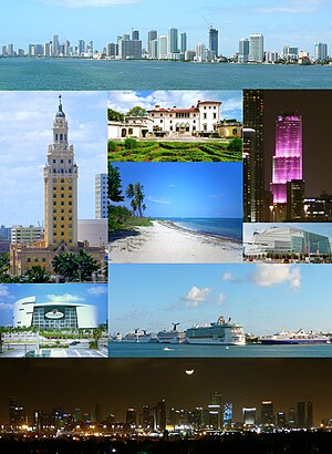 상단부터 오른쪽 아래로: 다운타운 마이애미, 프리덤 타워, 빌라 비즈카야, 마이애미 타워, 버지니아키 해변, 케네디 예술 센터, 아메리칸 에어라인스 아레나, 마이애미 항구, 마이애미의 밤