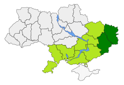 Klaim atas Republik Rakyat Donetsk dan Republik Rakyat Luhansk (hijau tua) Klaim keseluruhan Konfederasi Novorossiya (hijau muda)