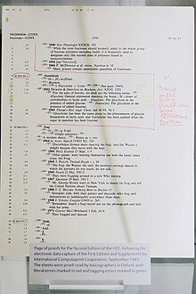 A printout of the SGML markup used in the computerization of the OED, showing pencil annotations used to mark corrections OED markup corrections.jpg