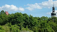 L'église et la tour de la mairie au-dessus des arbres sur la Parthe