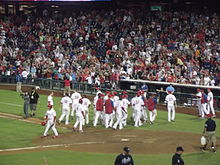 The Phillies celebrate after Freddy Galvis hits a walk-off home run on September 7, 2013 Phillies Celebrate after Walk-off Win.jpg