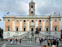Palazzo Senatorio, seat of the municipality of Rome. It has been a town hall since AD 1144, making it the oldest town hall in the world. Piazza del Campidoglio.jpg