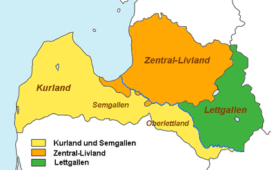 Grafische Landkarte von Lettland mit farbig markierten Regionen Kurland, Semgallen, Oberlettland, Zentral-Livland und Lettgallen.