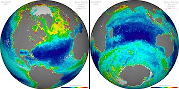 Ocean chlorophyll concentration is a proxy for phytoplankton biomass. In this map, blue colors represent lower chlorophyll and reds represent higher chlorophyll. Satellite-measured chlorophyll is estimated based on ocean color by how green the color of the water appears from space. Season-long composites of ocean chlorophyll (8161799575).jpg