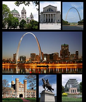 Do topo, em sentido horário: a Catedral Basílica de St. Louis, o Museu de Arte de Saint Louis, o Gateway Arch, panorama de St. Louis Downtown, Forest Park, a Apoteose de São Luís e Universidade Washington em St. Louis