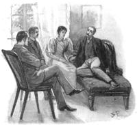 Holmes, Watson, Annie Harrisonová a Percy Phelps. (1893, Sidney Paget, The Strand Magazine)