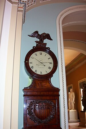 The Ohio Clock photographed by this article's writers in 2004 as it stands across the hall from the main entrance of the U. S. Senate (Photographed with permission of Mr. Richard Allan Baker, Historian of the U. S. Senate)