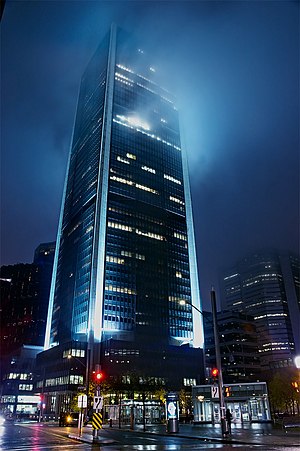 The Montreal Exchange tower at night.
