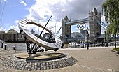 Timepiece, St Katharine Docks, London (1973) an equinoctial dial by Wendy Taylor Tower-bridge-and-olympic-rings.jpg