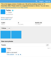 "M2 Mobile Web", the original mobile web front end of Twitter, later served as fallback legacy version to clients without JavaScript support and/or incompatible browsers until December 2020. Twitter M2 mobile website.png