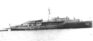 USS Alabaster (PYc-21) at anchor in San Pedro Bay, Philippine Islands while at Navy Yard for modification. c. July 1945