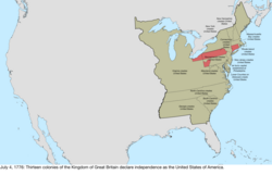 Carte du changement aux États-Unis dans le centre de l'Amérique du Nord le 4 Juillet 1776