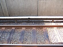 Third rail at the West Falls Church Metro station near Washington, D.C., electrified at 750 volts. The third rail is at the top of the image, with a white canopy above it. The two lower rails are the ordinary running rails; current from the third rail returns to the power station through these. WMATA third rail at West Falls Church.jpg