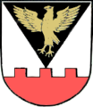 Gemeinde Falkenfels In Silber über rotem Zinnenschildfuß mit drei Zinnen eine gestürzte schwarze Spitze, darin ein auffliegender goldener Falke.