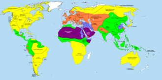 Map of the world in 1000 BCE, color-coded by type of society. At this time, stateless societies were the norm.
.mw-parser-output .legend{page-break-inside:avoid;break-inside:avoid-column}.mw-parser-output .legend-color{display:inline-block;min-width:1.25em;height:1.25em;line-height:1.25;margin:1px 0;text-align:center;border:1px solid black;background-color:transparent;color:black}.mw-parser-output .legend-text{}
hunter-gatherers
nomadic pastoralism
simple farming societies
complex farming societies/chiefdoms
state societies
uninhabited
Area of iron working, c. 1000 BCE
Area of bronze working, c. 1000 BCE World in 1000 BCE.png