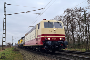 181 215 (purpurrot-elfenbein) wartet auf Einfahrt in den Bahnhof Babenhausen (Hessen) auf der Rhein-Main-Bahn (2021)