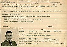 Archival record from the Graduate School detailing Alan Turing's academic journey. Alan Turing (1912-1954) at Princeton University in 1936.jpg