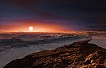Zobrazení planety se skalnatou krajinou obíhající kolem hvězdného systému Alpha Centauri.