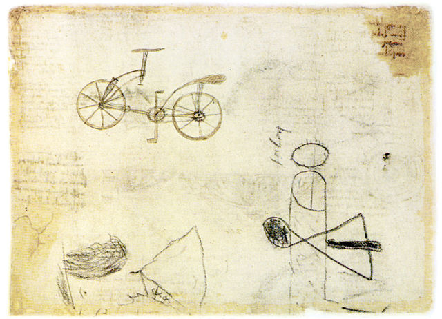 Page manuscrite comportant le dessin d'une bicyclette.