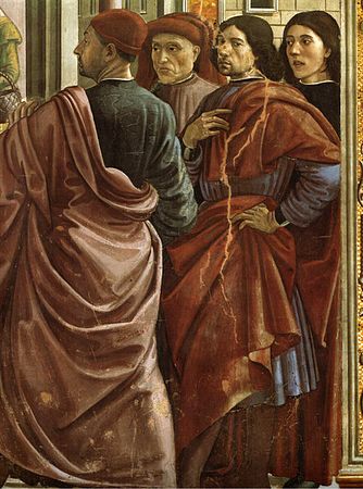 Cappella Tornabuoni, Përzënia e Joakimit (detaj), nga e majta David Ghirlandaio, Tommaso Bigordi (ose Alesso Baldovinetti), Domenico Ghirlandaio dhe Sebastiano Mainardi