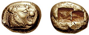 A coin from early 6th century BC Lydia bearing...