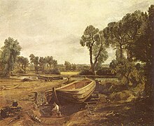 Elm in boat-building: John Constable, Boat-building near Flatford Mill, 1815 (landscape with hybrid elms Ulmus x hollandica ) Boat-building near Flatford Mill (Constable).jpg