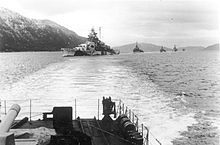 Black and white photograph of five military ships viewed from another ship