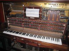 The keys of this player piano from 1885 are controlled by musical information in the center piano roll. Chase & Baker player piano, Buffalo, NY, circa 1885.JPG