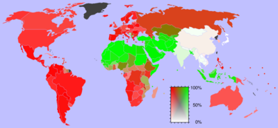 Relative geographic prevalence of Christianity versus Islam versus lack of either religion (2006) Christ Islam.png