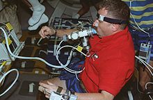 Williams undergoing a pulmonary function test during the Neurolab mission Dave Williams Neurolab test.jpg