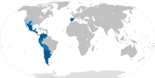      Țări unde spaniola are statut de limbă oficială      State ale SUA, state ale Braziliei, provincii ale Canadei și țări unde spaniola nu are statut oficial dar este vorbită de 25% sau mai mult din populație      State ale SUA, state ale Braziliei, provincii ale Canadei și țări unde spaniola nu are statut oficial dar este vorbită de 10–20% din populație      State ale SUA, state ale Braziliei, provincii ale Canadei și țări unde spaniola nu are statut oficial dar este vorbită de 5–9% din populație      Țări sau regiuni unde sunt vorbite limbi creole de origine spaniolă, cu sau fără recunoaștere oficială