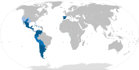 Темно-синим цветом отмечены страны и регионы, в которых испанский язык является официальным