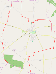 Mapa konturowa Dobrzycy, w centrum znajduje się punkt z opisem „Parafia św. Tekli”