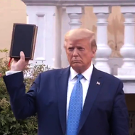 Trump uses a Bible at a photo op at St. John's church during the George Floyd protests. Donald Trump St. John's Church Bible high.png