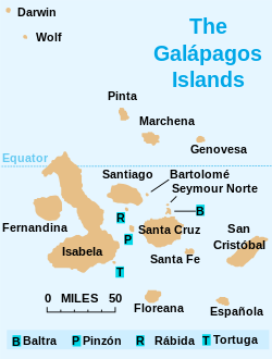 Map of the Galápagos archipelago showing the names of the islands.