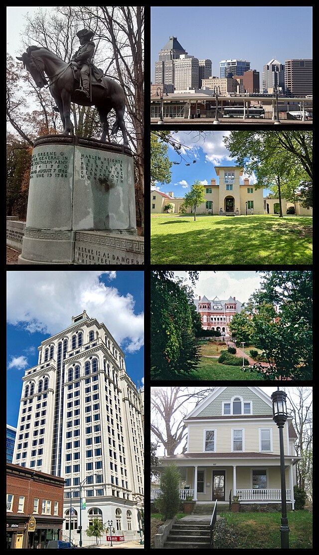 Do topo, em sentido horário: Statue of Nathanael Greene, panorama de Greensboro, Blandwood Mansion, Foust Building at UNCG, historic home in College Hill, Lincoln Financial Tower on Elm Street