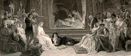 A detail of the engraving of Daniel Maclise's 1842 painting The Play-scene in Hamlet, portraying the moment when the guilt of Claudius is revealed.
