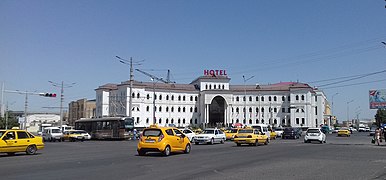 Taxi and tram on Rudaki Street in Samarkand