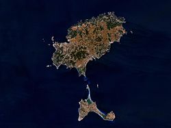 Satelliidipilt Eivissast; väiksem saar temast lõunas on Formentera.