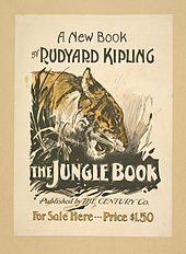L'illustration, en noir, blanc et jaune, représente la tête de profil d'un tigre. Le texte : A new book by Rudyard Kipling, The Jungle Book published by The Century Co. For Sale Here - Price 1,50 $.