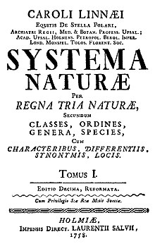 Title page of the 1758 edition of Linnaeus's Systema Naturae. Linnaeus1758-title-page.jpg